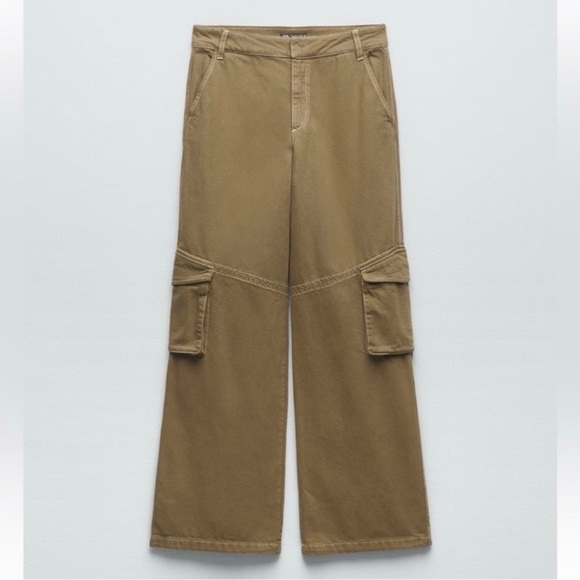 Zara Denim High Waist Full Length Wide Leg Dark Khaki Cargo Blogger Favorite - Picture 7 of 11